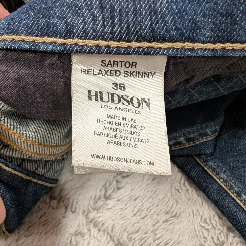 Hudson Jeans Mens 36x32 Blue Dark Wash Sartor Relaxed Skinny Distressed Moto